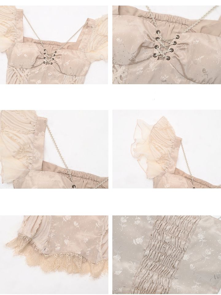 Champagne Lace Hem Lace-up Detail Boned Top Tiered Flutter Sleeves