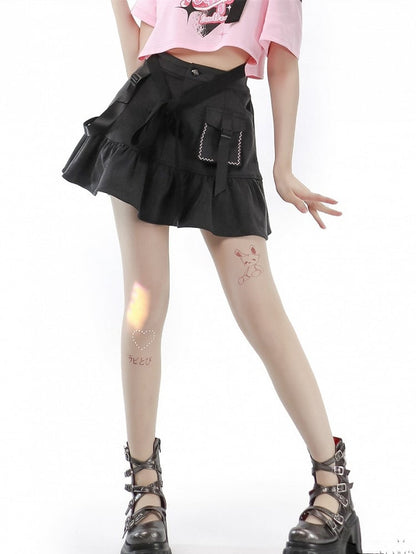 Dark Gray Ruffle Hem Denim Mini Skirt