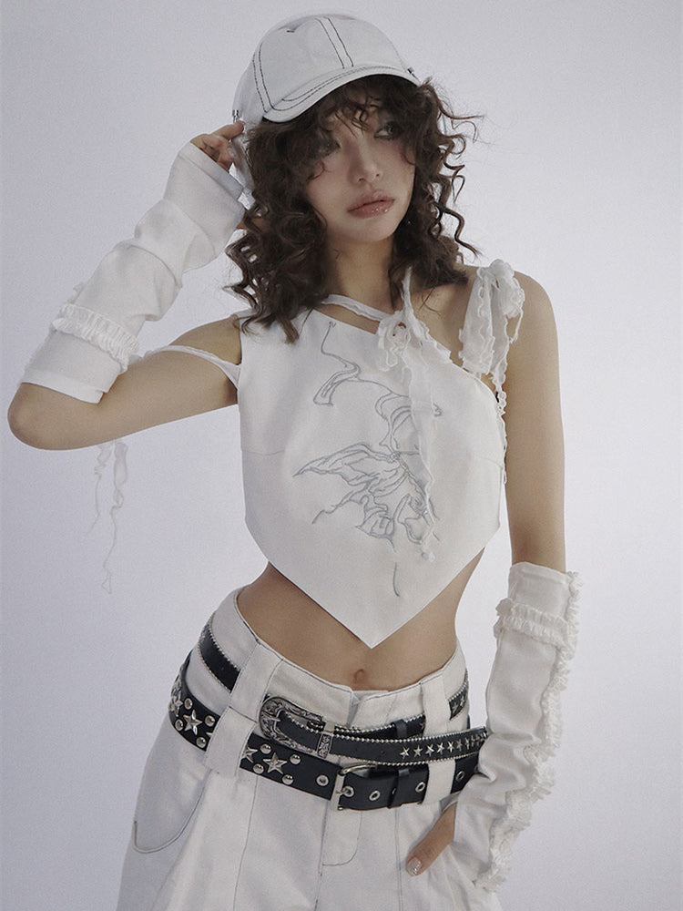 Butterfly Embroidery White Top Selt-tie Straps