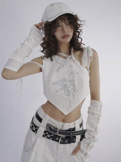 Butterfly Embroidery White Top Selt-tie Straps