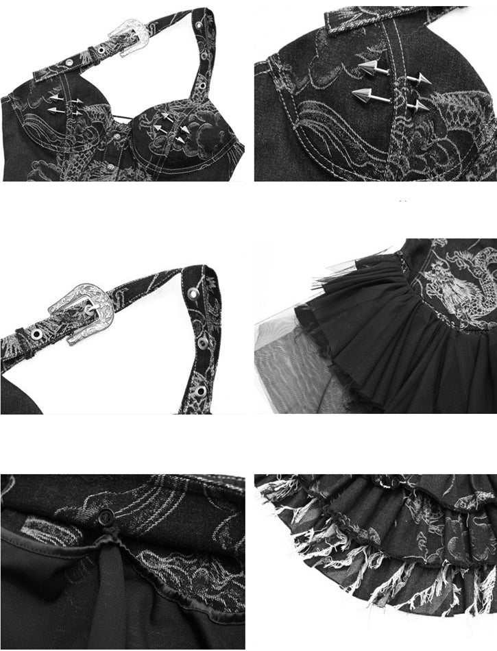 Dargon Pattern Black Denim Corset Dress with Detachable Tulle Hem Summer Punk Festival Dress