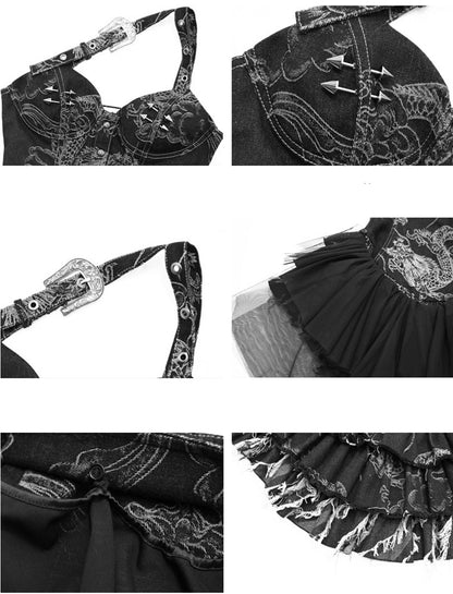 Dargon Pattern Black Denim Corset Dress with Detachable Tulle Hem Summer Punk Festival Dress