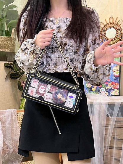 Rose Design Black Envelope Shaped Crossbody Ita Bag