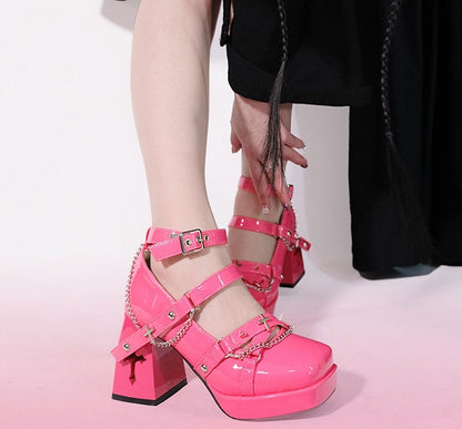 Silver-tone Studs Punk Barbie Pink High Block Heel Shoes