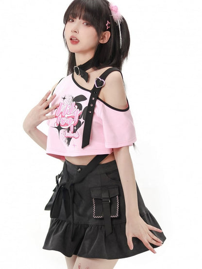 Pink Asymmetrical Open-shoulder Graphic T-shirt with Choker