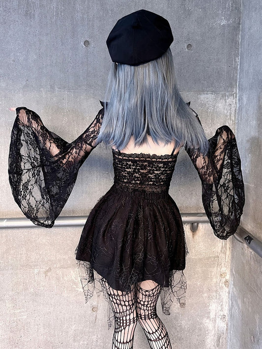 Black Lace Bell Sleeves Shrug and Cami Top Set