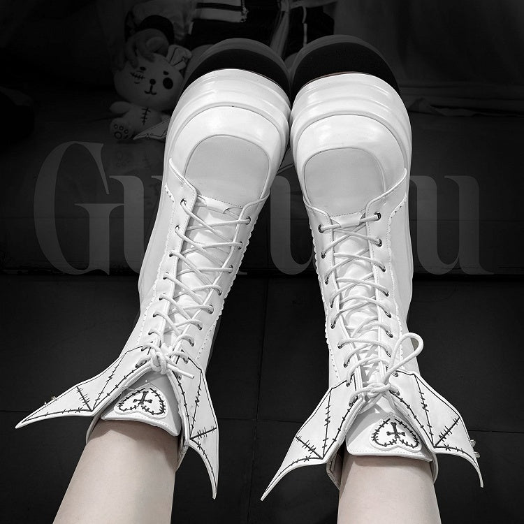 White Goth Platform Boots White Bat Wings Design Lace-up Tie