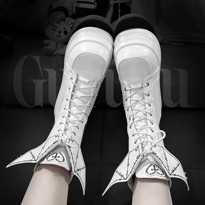 White Goth Platform Boots White Bat Wings Design Lace-up Tie