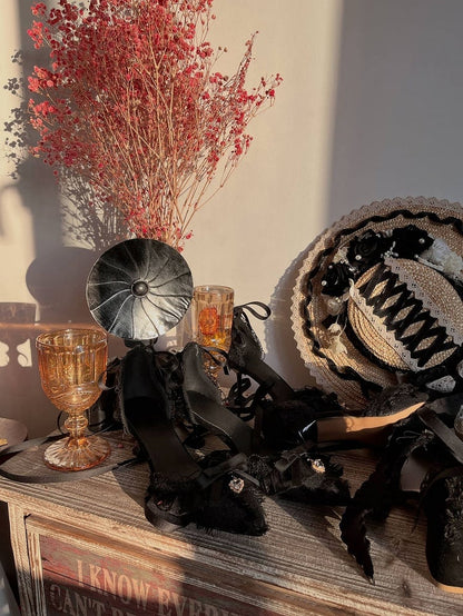 Clearance-Size 38 Lace-up at Ankle Hurry off Lace Design Black 5CM Hime Lolita High Heels