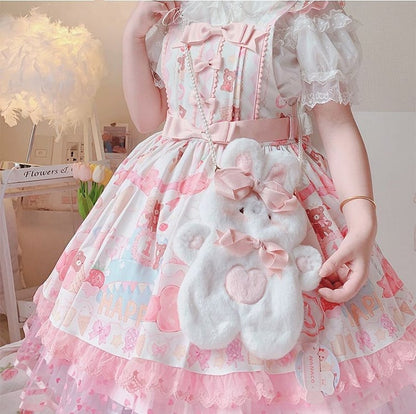 Bowknots Details Rabbit-shaped White /Pink Plush Crossbody