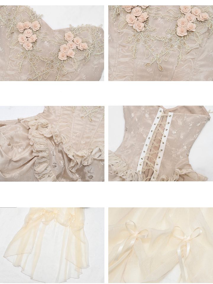 Champagne Boned Lace-up Floral Corset+Chiffon High-low Skirt Goth Set