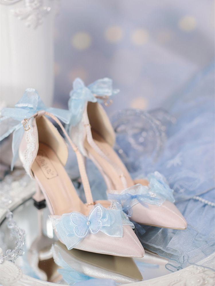 Flowers Butterflies Decorated Light Blue 5cm/8cm Hime Lolita High Heels