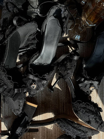 Clearance-Size 38 Lace-up at Ankle Hurry off Lace Design Black 5CM Hime Lolita High Heels