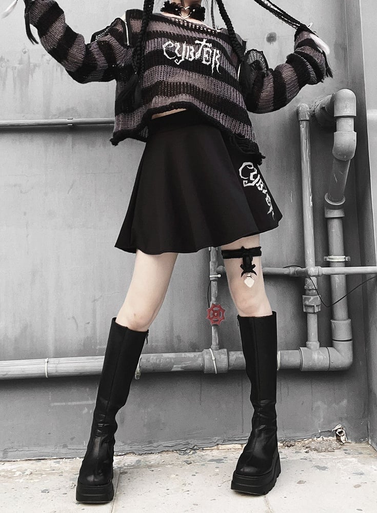 Punk Dark Gray Zip Design Striped Pattern Sweater