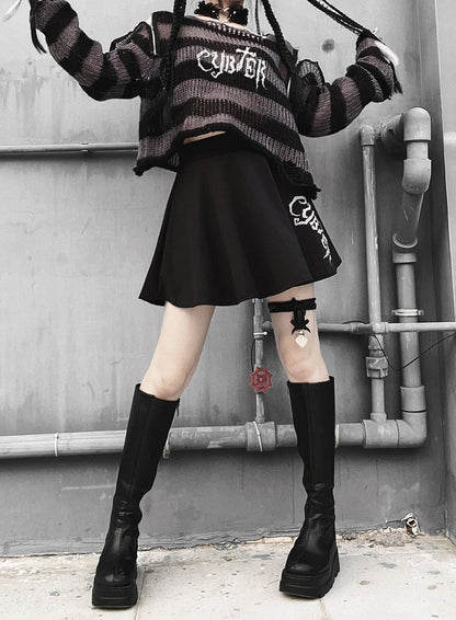 Punk Dark Gray Zip Design Striped Pattern Sweater