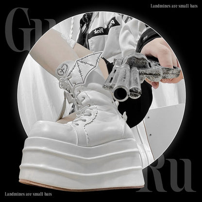 White Goth Platform Boots White Bat Wings Design Lace-up Tie