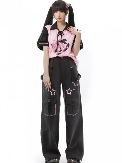 Pink and Black Lace-up Detail Graphic T-shirt