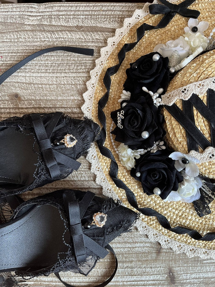 Clearance-Size 38 Lace-up at Ankle Hurry off Lace Design Black 5CM Hime Lolita High Heels