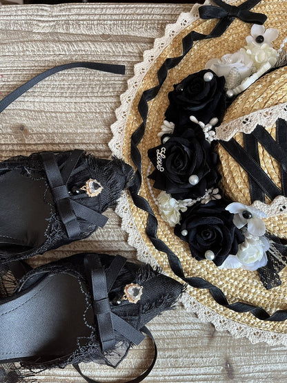 Clearance-Size 38 Lace-up at Ankle Hurry off Lace Design Black 5CM Hime Lolita High Heels