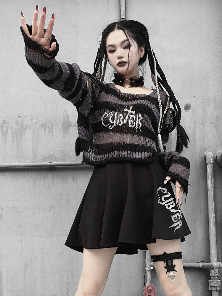 Punk Dark Gray Zip Design Striped Pattern Sweater