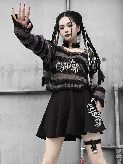 Punk Dark Gray Zip Design Striped Pattern Sweater