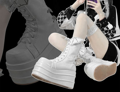 White Goth Platform Boots White Bat Wings Design Lace-up Tie