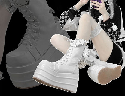 White Goth Platform Boots White Bat Wings Design Lace-up Tie