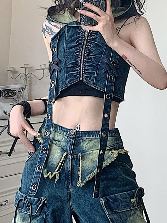 Dune Inspired  Punk Straps Design Hooded Denim Top