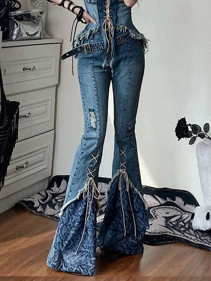 Patchwork Design Denim Flare Pants Lace-up Detail