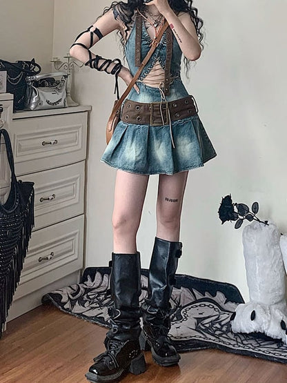 Cutout Detail Halter Neck Denim Dress Pleated Skirt