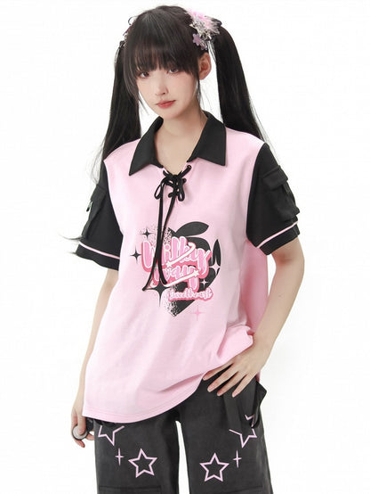 Pink and Black Lace-up Detail Graphic T-shirt