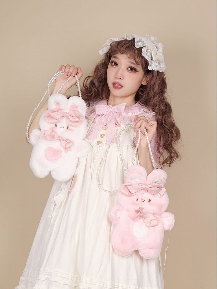 Bowknots Details Rabbit-shaped White /Pink Plush Crossbody