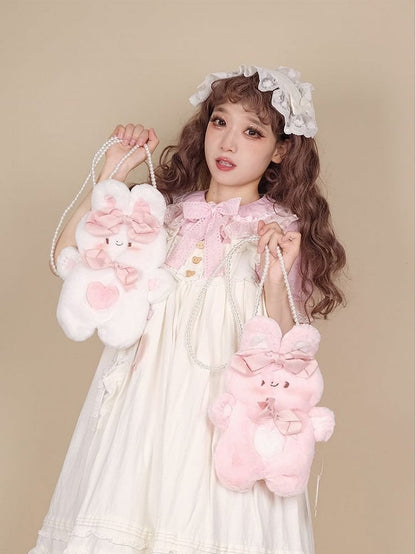 Bowknots Details Rabbit-shaped White /Pink Plush Crossbody