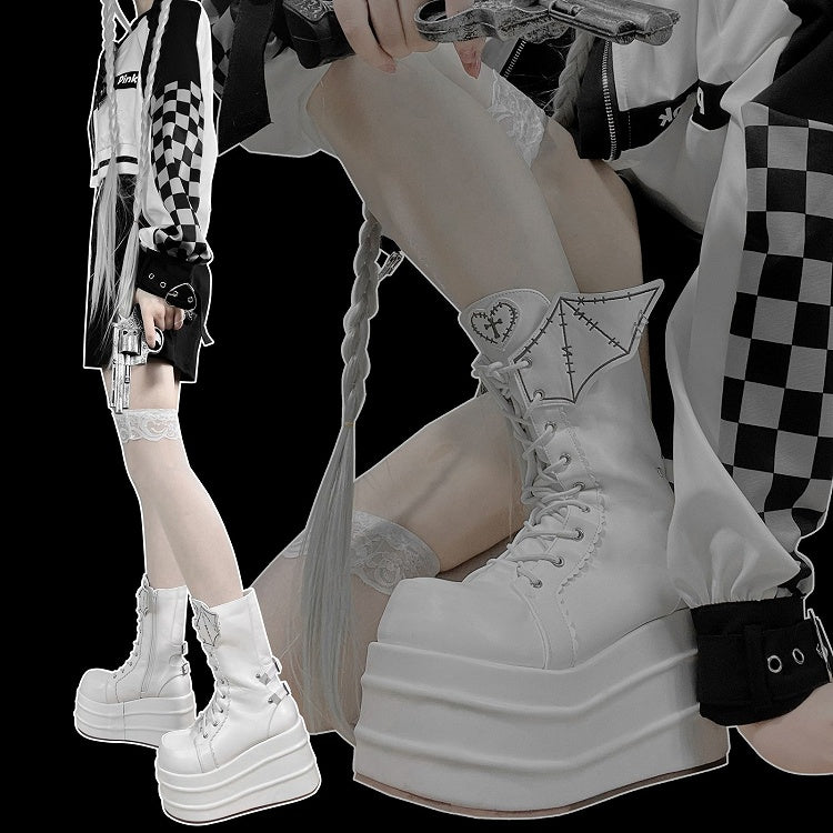 White Goth Platform Boots White Bat Wings Design Lace-up Tie