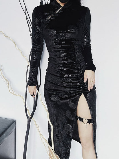 Punk Thigh-high Slit Velvet Black Qipao