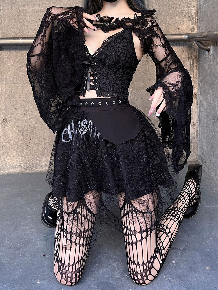 Black Lace Bell Sleeves Shrug and Cami Top Set