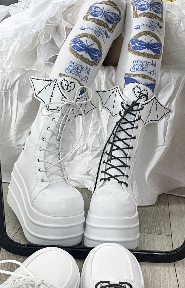 White Goth Platform Boots White Bat Wings Design Lace-up Tie