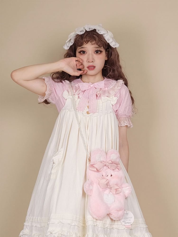 Bowknots Details Rabbit-shaped White /Pink Plush Crossbody