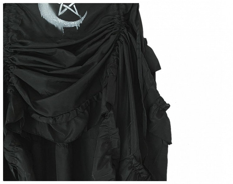 Drawstring Hem Punk Black Ruffles High-low Skirt