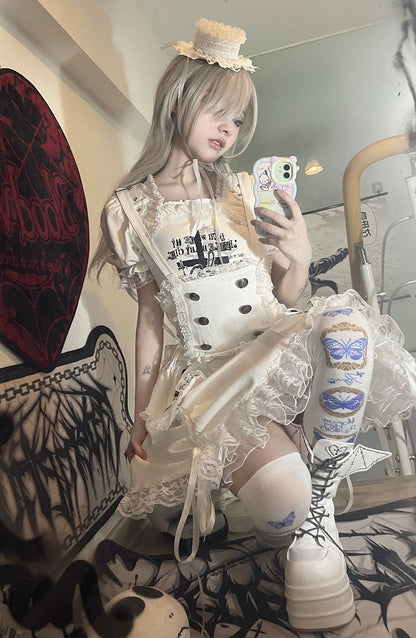 White Goth Platform Boots White Bat Wings Design Lace-up Tie