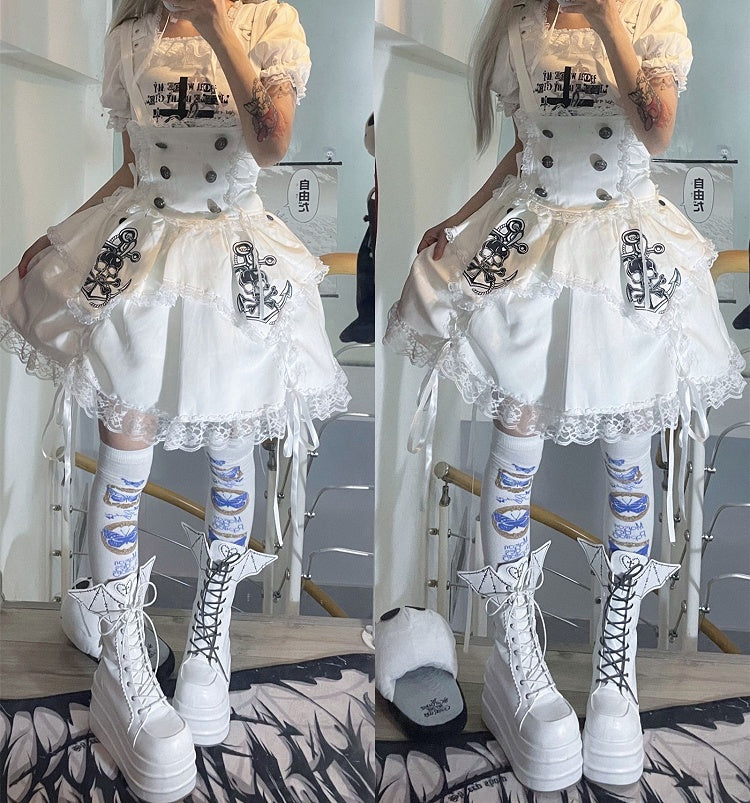 White Goth Platform Boots White Bat Wings Design Lace-up Tie