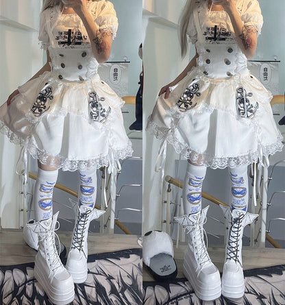 White Goth Platform Boots White Bat Wings Design Lace-up Tie