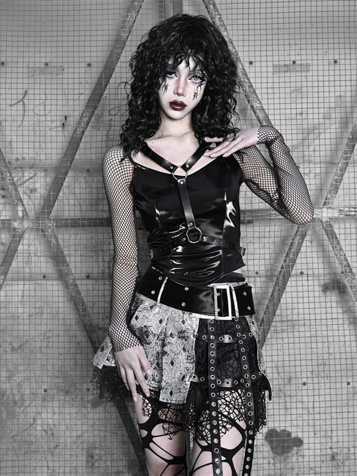 Fishnet Sleeves Black PU Top with Wings Design Straps Coachella Outfits