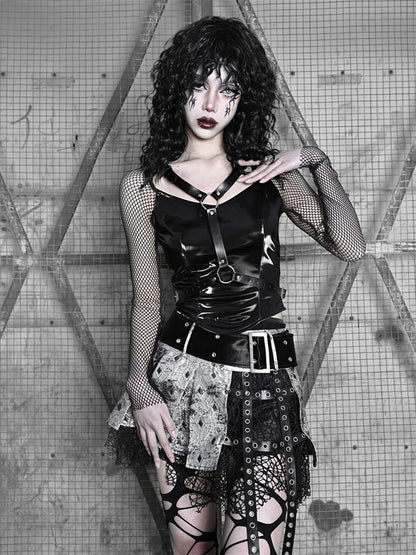 Fishnet Sleeves Black PU Top with Wings Design Straps Coachella Outfits