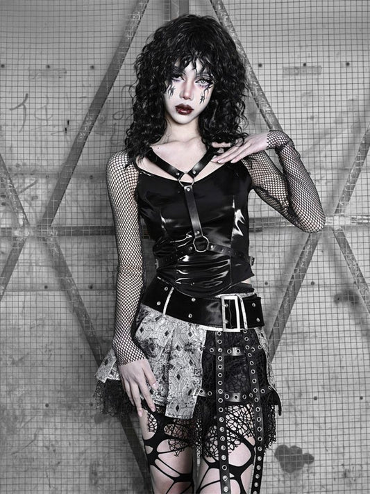 Fishnet Sleeves Black PU Top with Wings Design Straps Coachella Outfits