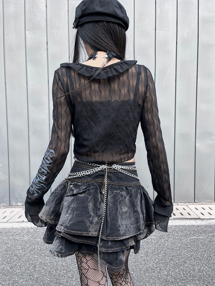 Black Semi-sheer Chiffon Ruffles Crop Top Music Festival Outfits