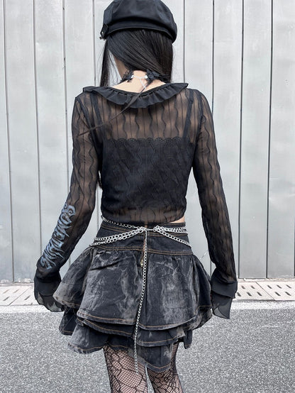 Black Semi-sheer Chiffon Ruffles Crop Top Music Festival Outfits