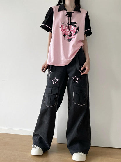 Stars Print Dark Gray Jeans with Straps