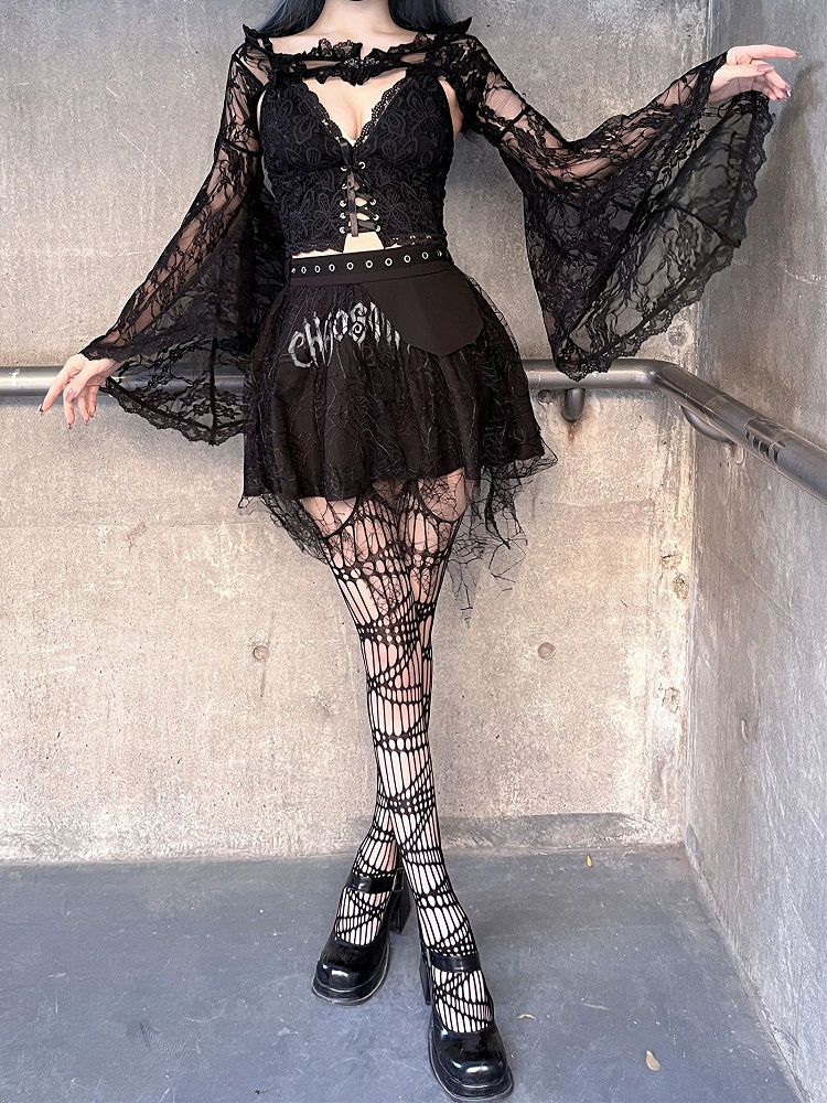 Black Lace Bell Sleeves Shrug and Cami Top Set