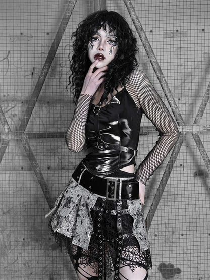 Fishnet Sleeves Black PU Top with Wings Design Straps Coachella Outfits